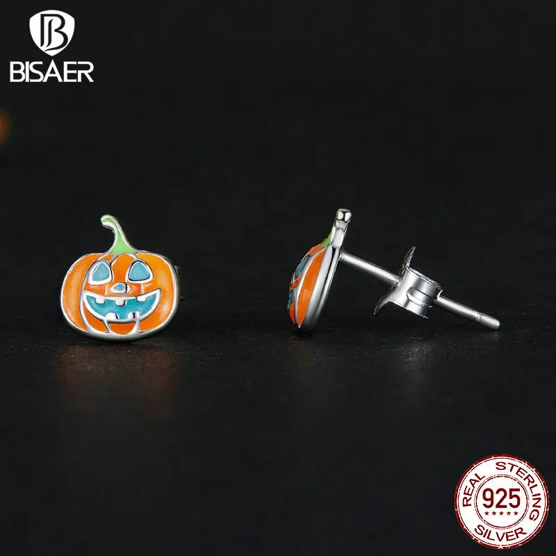 BISAER 925 Sterling Silver Mini Pumpkin Luminous Stud Earrings Enamel Ear Clip For Girl Halloween Party Original Fine Jewelry