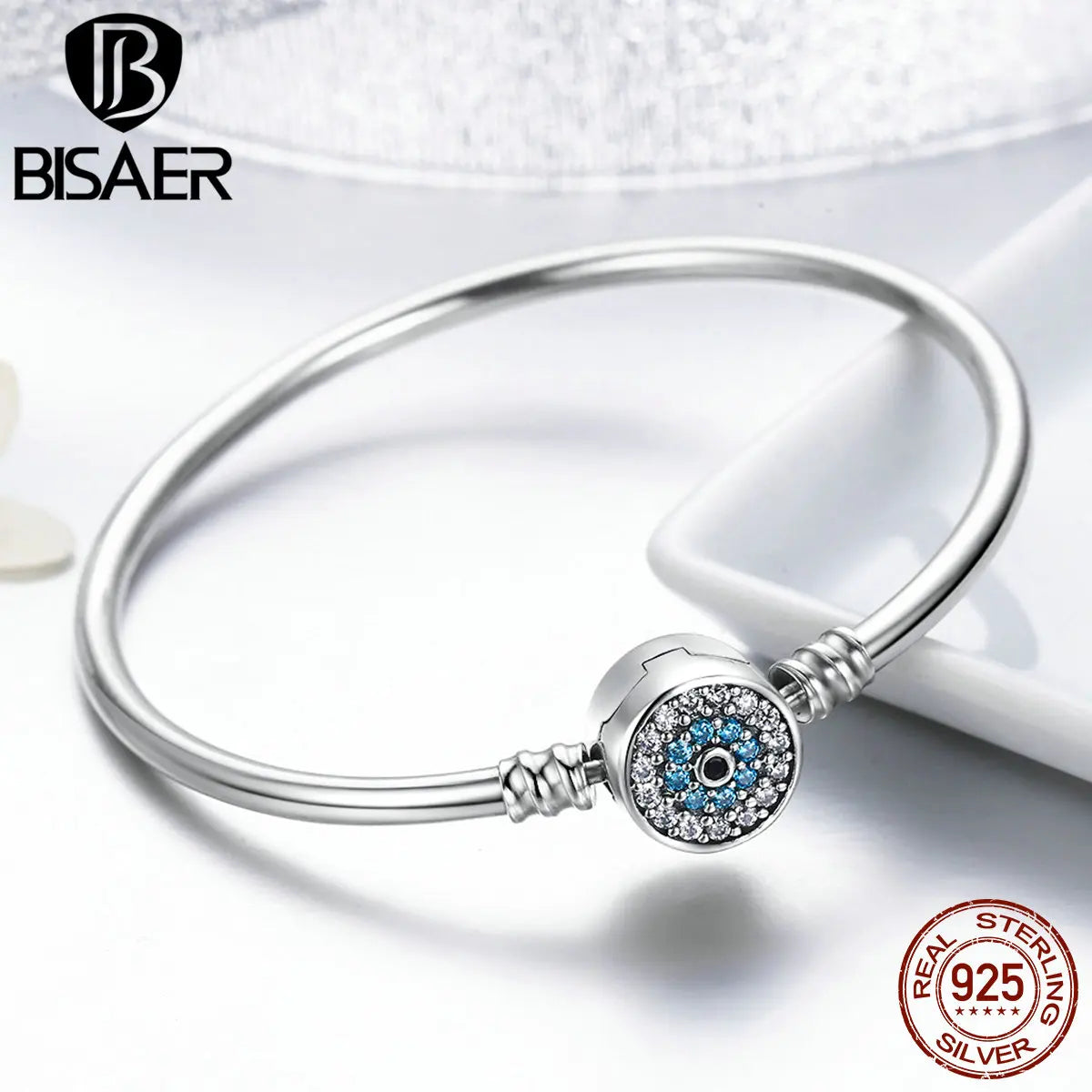 Pulseras de plata de ley 925 con forma de ojo de demonio y ojos azules de BISAER, con engaste pavé de circonitas de 17 a 21 cm para mujer, joyería fina para fiestas