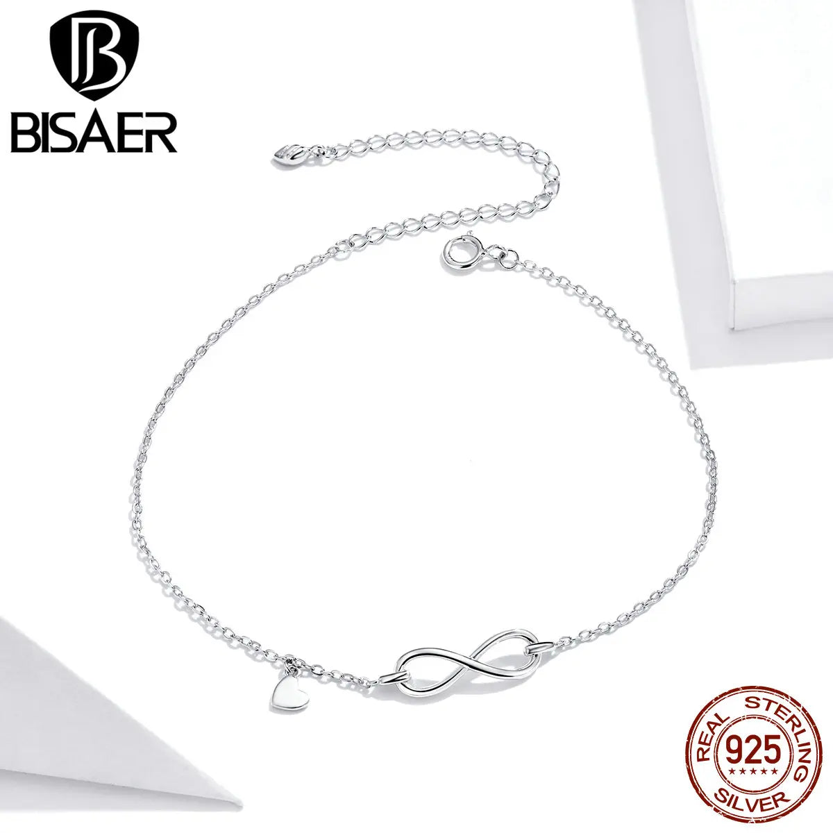 BISAER 100% 925 Sterling Silver Infinity Love Anklets Geometric Heart Chain Anklets For Women Party Fine Jewelry Holiday Gift