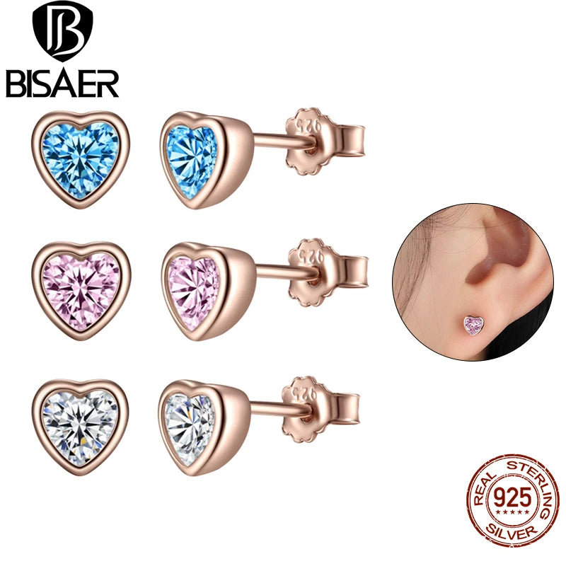 BISAER Heart Stud Earrings 925 Sterling Silver Pink Love Crystal Zircon Earrings For Women Party Wedding 2022 Tend Fine Jewelry