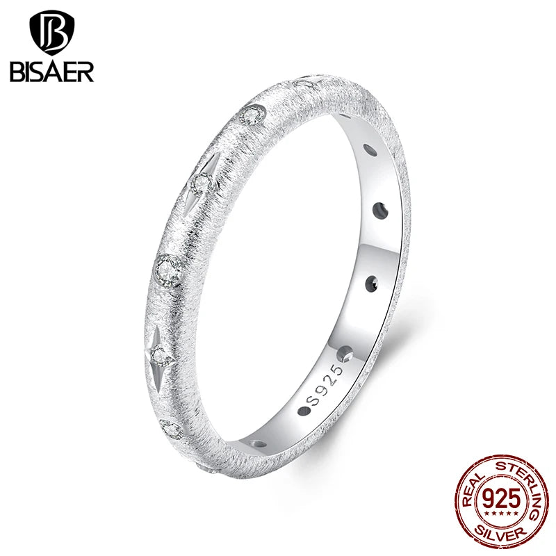 BISAER 925 Sterling Silver Sparkling Star Ring Starry Finger Band Plated White Gold for Women Wedding Party Fine Jewelry EFR617