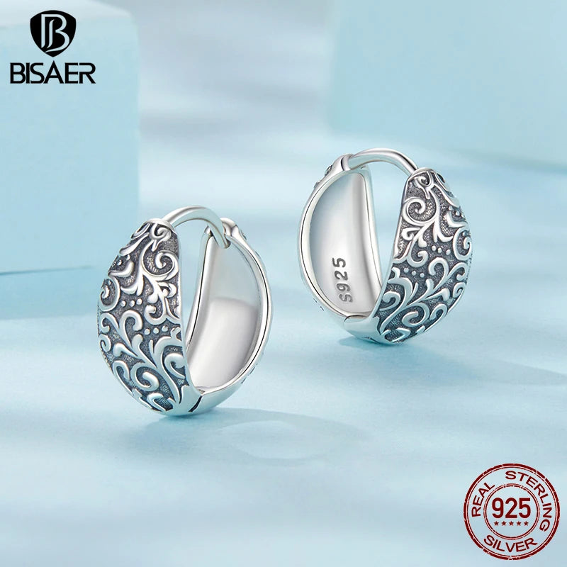 BISAER 100% 925 Sterling Silver Retro Pattern Open Ring Vintage Pattern Hoop Earrings for Women Party Original Fine Jewelry Gift