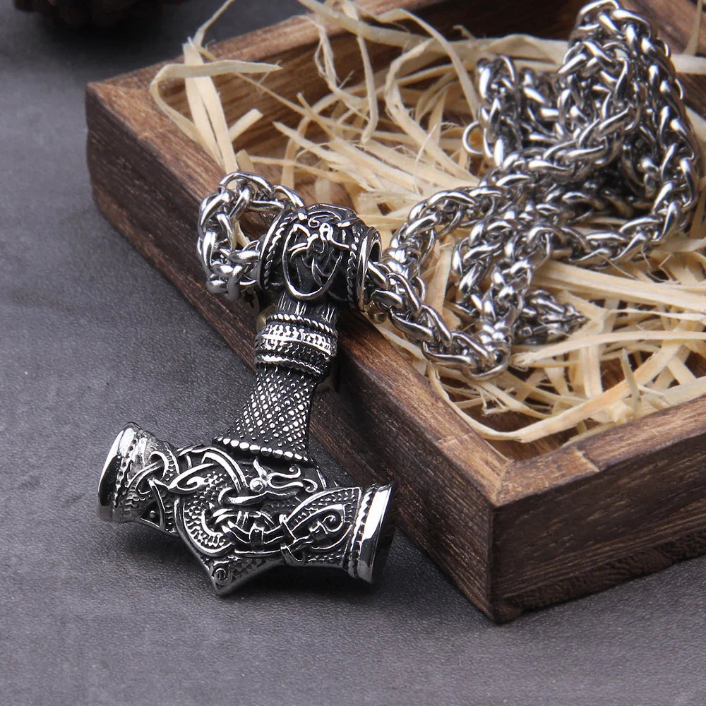 Fashion Valknut Viking Thor's Hammer Pendant Necklace With keel Chain As Men Gift with wooden box