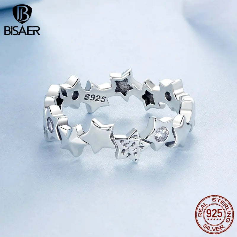 BISAER 925 Sterling Silver Dazzling Stars Ring Statement Sparkly Zircon Band for Woman Party Original Fine Jewelry Gift EFR585