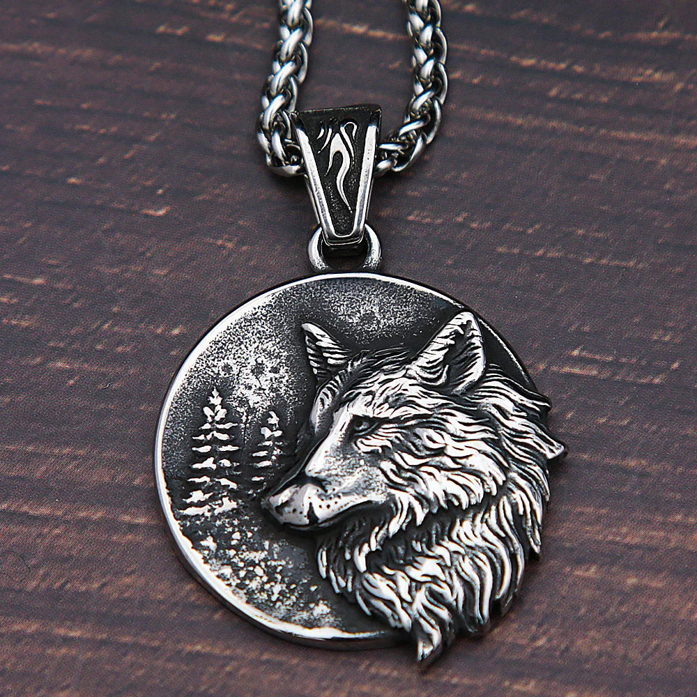 Men Vintage Viking Wolf Pendant Necklace Punk Street Rock Nordic Stainless Steel Odin Wolf Head Necklace Fashion Jewelry