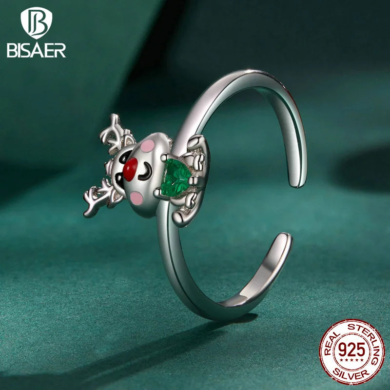 BISAER 925 Sterling Silver Christmas Reindeer Open Ring Size 5-9 Eternity Band Plated Platinum for Women Party Fine Jewelry Gift