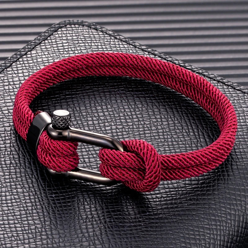 MKENDN Trendy Men Women Wine Red Marine Sailor Rope Nautical Survival Shackle Bracelet Black Stainless Steel Metal Sport Buckle