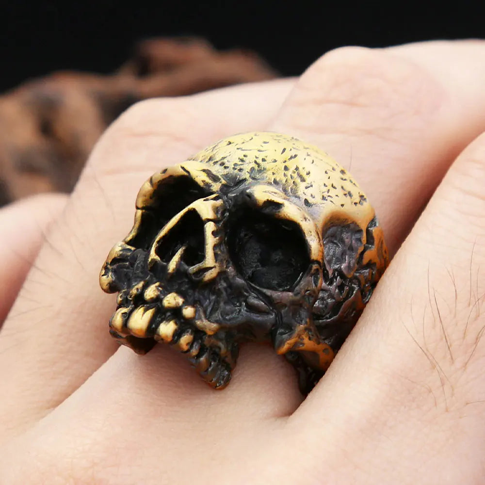 Gothic Vintage Brass Skull Ring For Men Women Punk Rock Fashion Skeleton Rings Personality Biker Jewelry Halloween Gifts