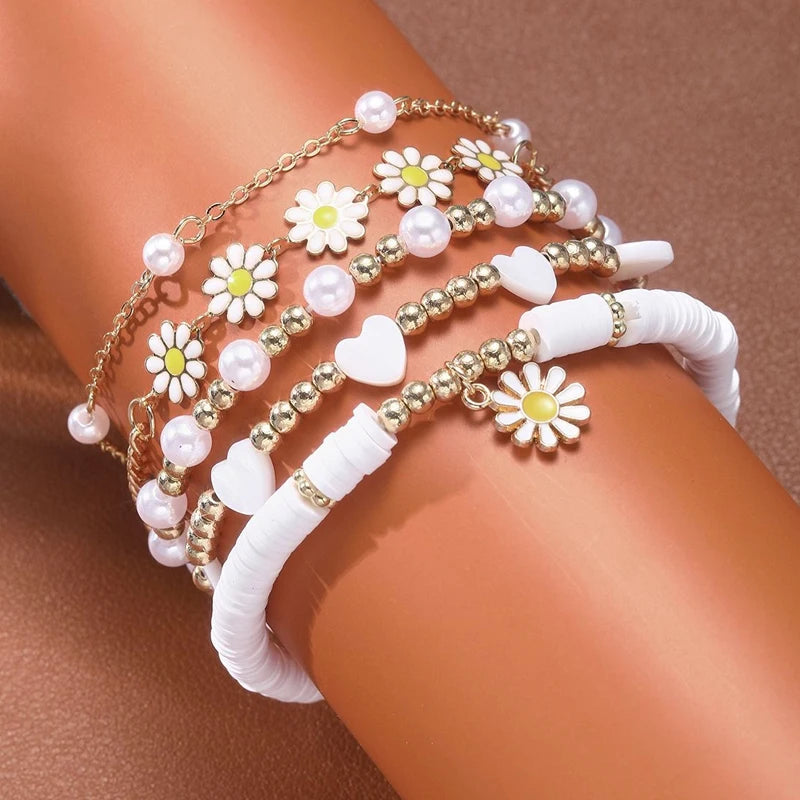 Vintage Daisy Flower Pendant Bracelet Set for Women