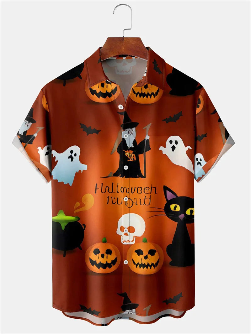 Men's Fashion Halloween Shirt Summer Cute Style Men's Clothing Party Holiday Men Top Pumpkin Head Print Boys' Short Sleeve Shirt