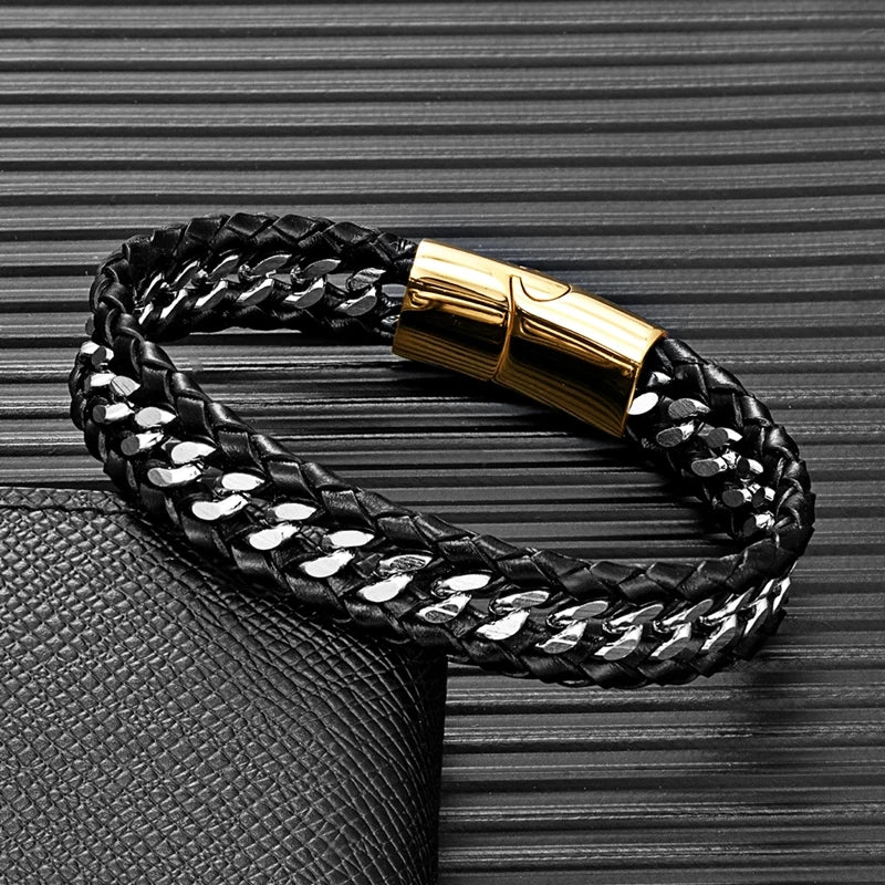 MKENDN Punk Cuban Link Chain Stainless Steel Bracelet Men Black Multilayer Braid Genuine Leather Bracelets Bicycle Jewelry