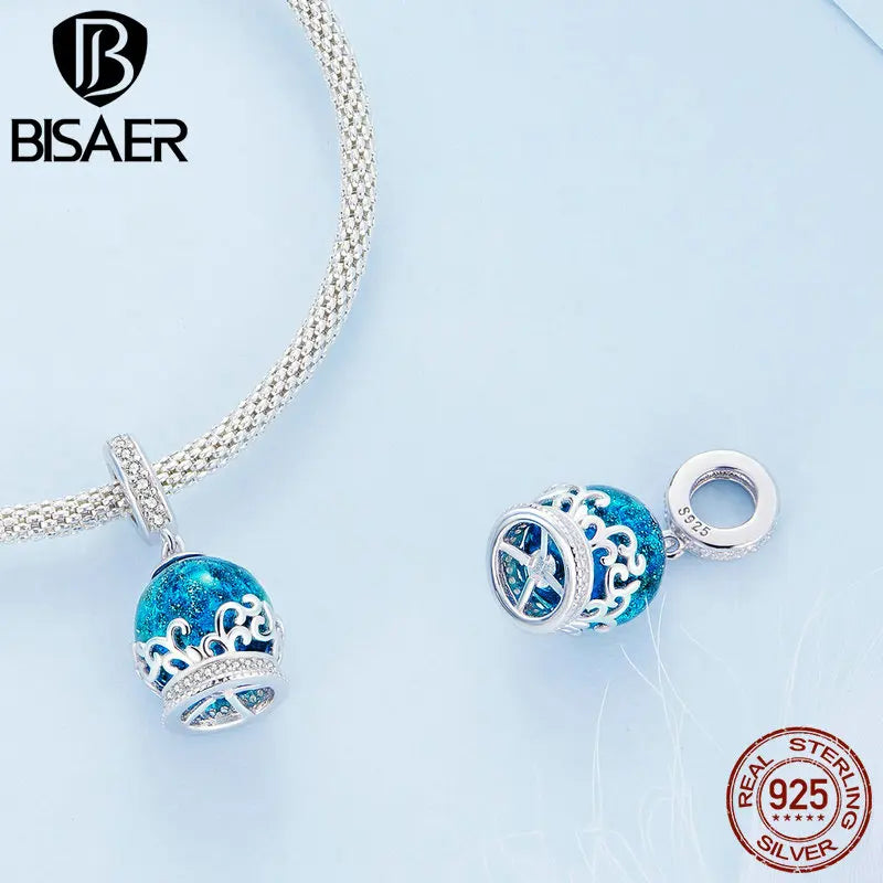 BISAER 925 Sterling Silver Blue Sea Charm Beads Giant Ship Mermaid Pendant For Women Bracelet Necklace DIY Jewelry Beach Gift