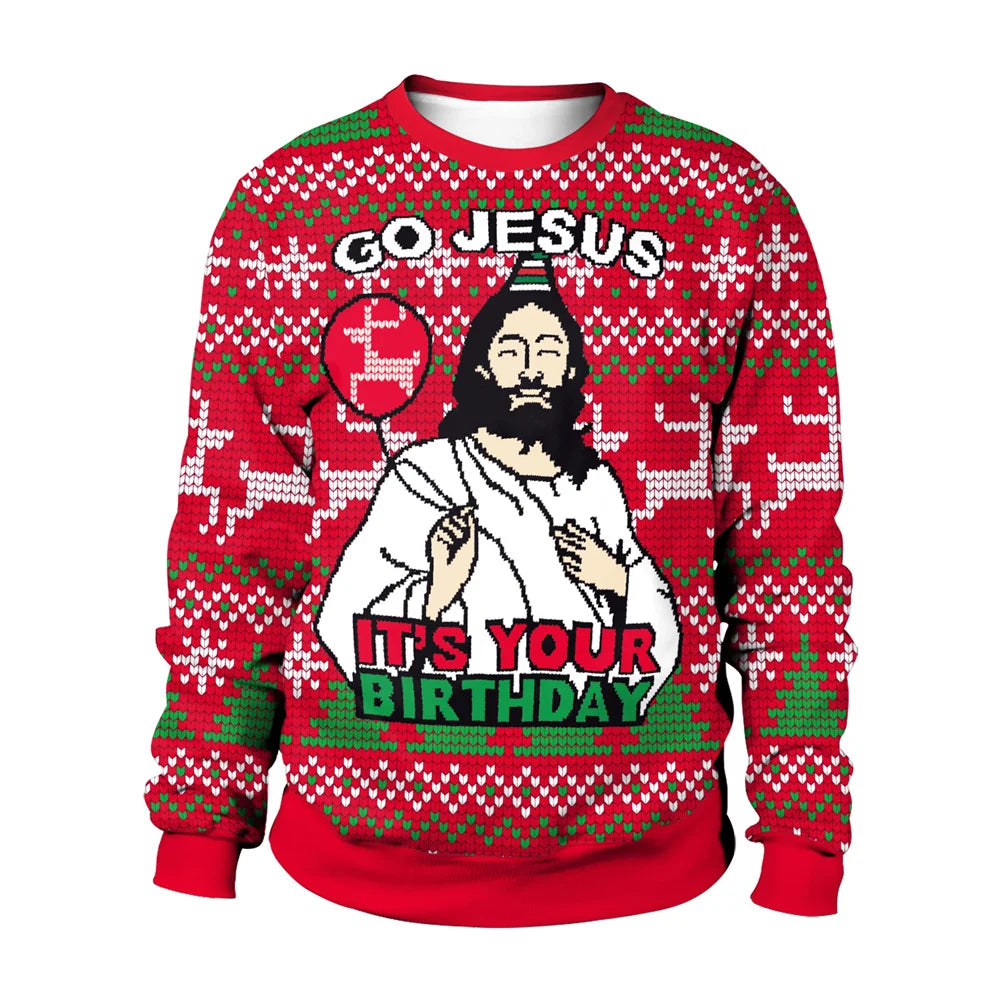 Men Women Go Jesus It's Your Birthday Xmas Sweatshirt 3D Digital Print Ugly Christmas Sweater Pullover Holiday Party Jumper Tops