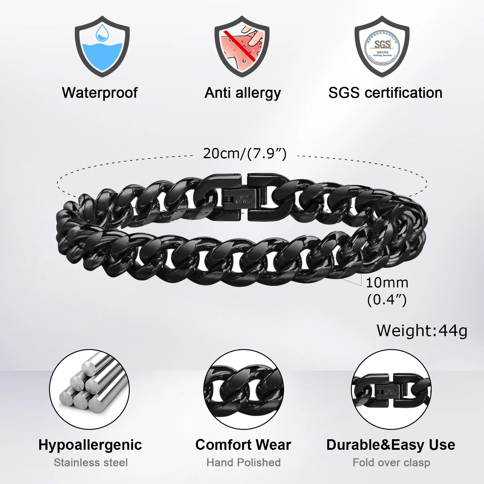 Vnox 8mm/10mm Bold Cuban Chain Bracelets for Men, Black Stainless Steel Miami Curb Links Wristband, Chunky Male Boy Jewelry