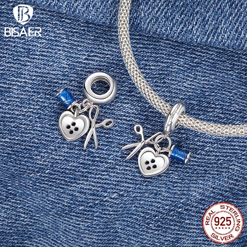 BISAER 925 Sterling Silver Bee Button Charm Bead Tailor Set Heart Zipper Denim Pendant Fit Woman DIY Bracelet Fine Jewelry Gift