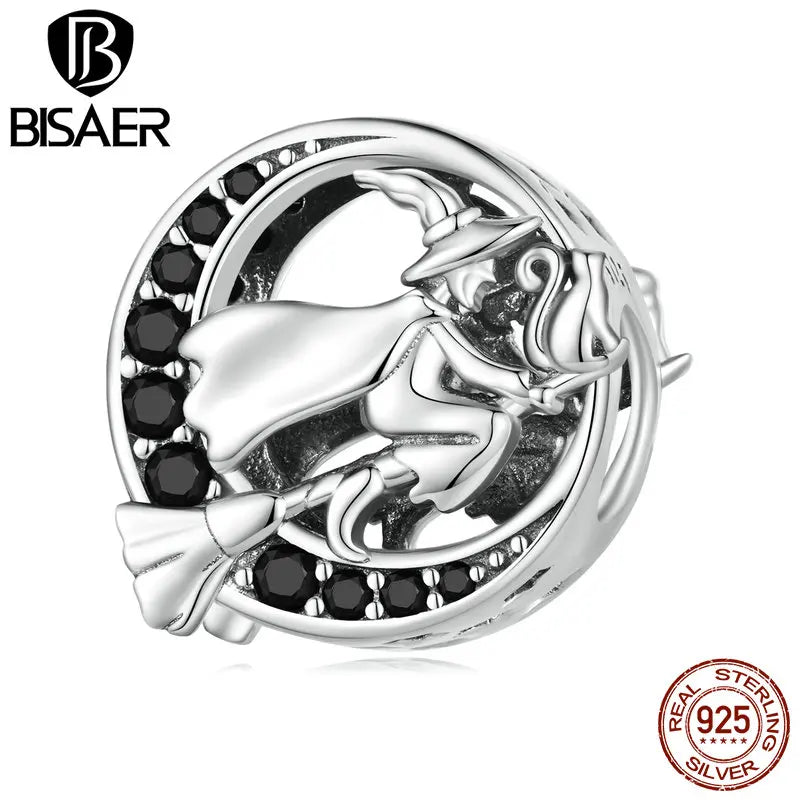 BISAER 925 Sterling Silver Vintage Witch Charm Black Zircon Moon Bead Fit Femmes Halloween Party DIY Bracelet Bijoux ECC2405