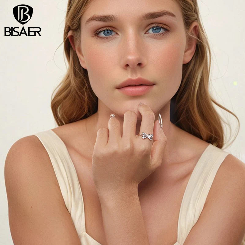 BISAER Bague Ouverte en Or Blanc Plaqué Taille Réglable 5-9 Anneaux pour Femmes Luxe Léger Mariage Fiançailles Mode Bijoux Cadeau