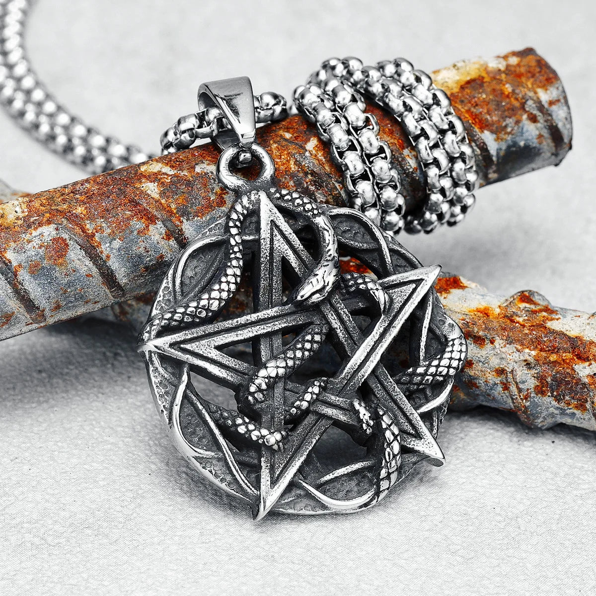 Colliers avec pendentifs en forme de pentagramme et de serpent pour hommes, rétro, en acier inoxydable 316L, chaînes vintage, rock, punk, rap, pour ami, bijoux masculins, meilleur cadeau