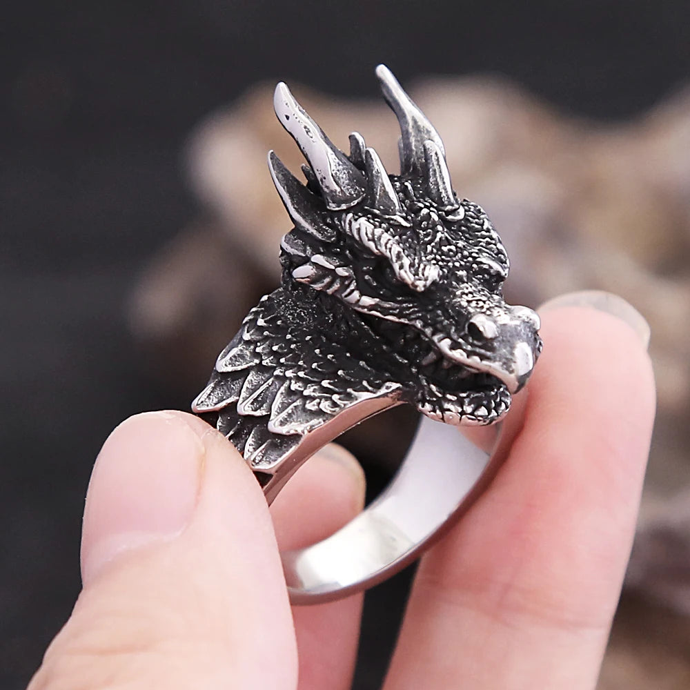 Anillo de acero inoxidable estilo vikingo nórdico con forma de cabeza de dragón, estilo punk y motero, con escamas de dragón, amuleto creativo, regalo de joyería