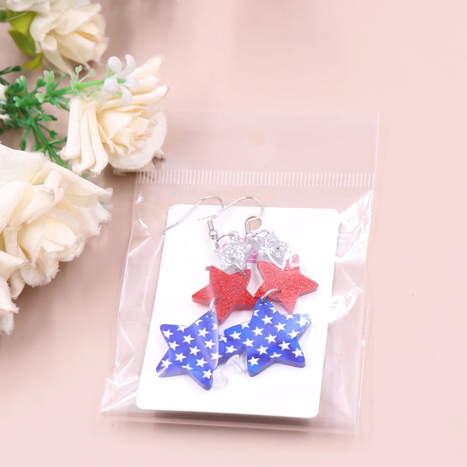 Double Star 4th of July Independence Day US Flag Earrings