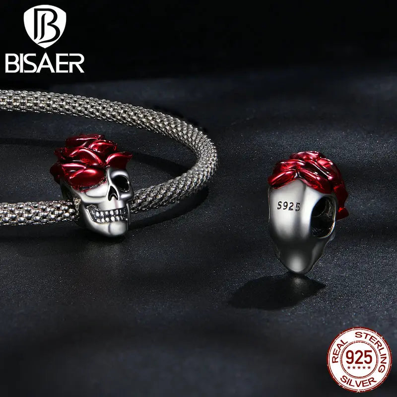 BISAER 925 Argent Sterling Vintage Rose &amp; Crâne Charm Grotesque Alien Pendentifs Coeur Perle Fit Halloween Party DIY Bracelet Bijoux