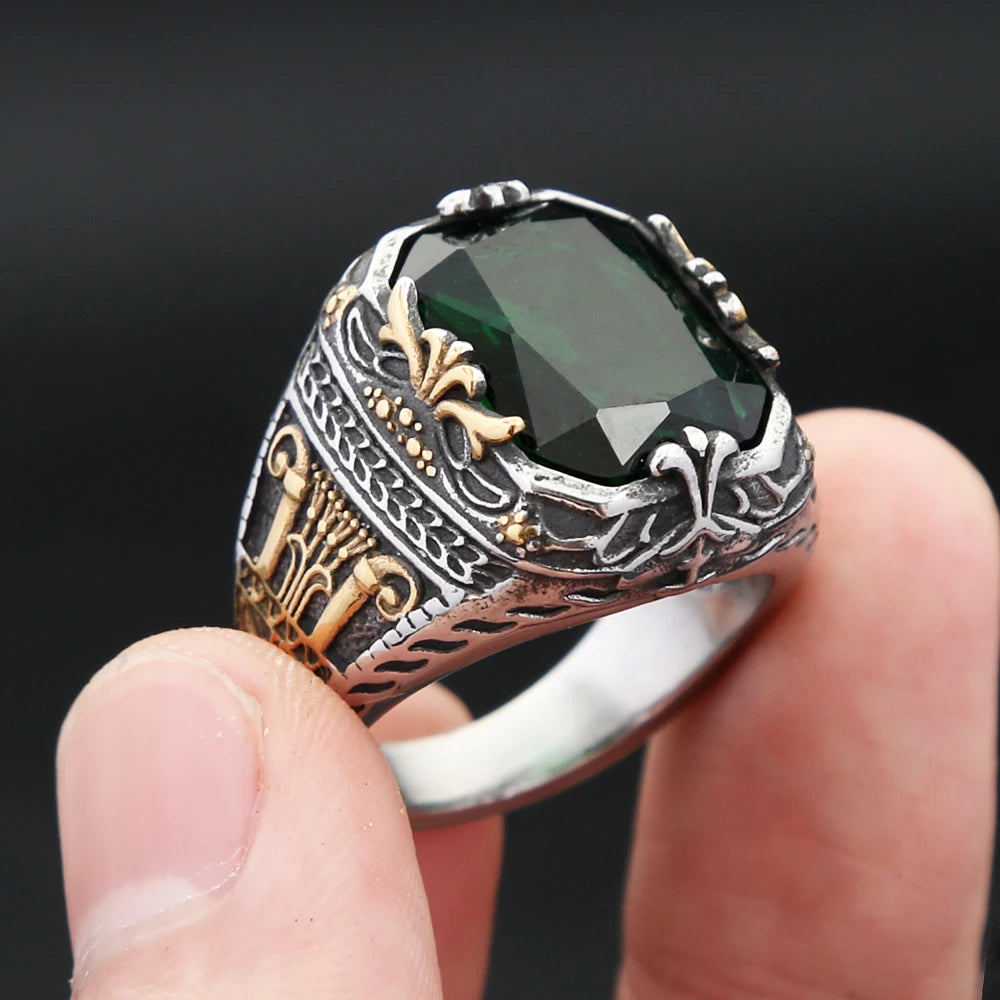 New Punk 316L Stainless Steel Turkish Signet Rings For Men Women Fashion Hip Hop Green Stone Ring Party Luxury Jewelry Wholesale