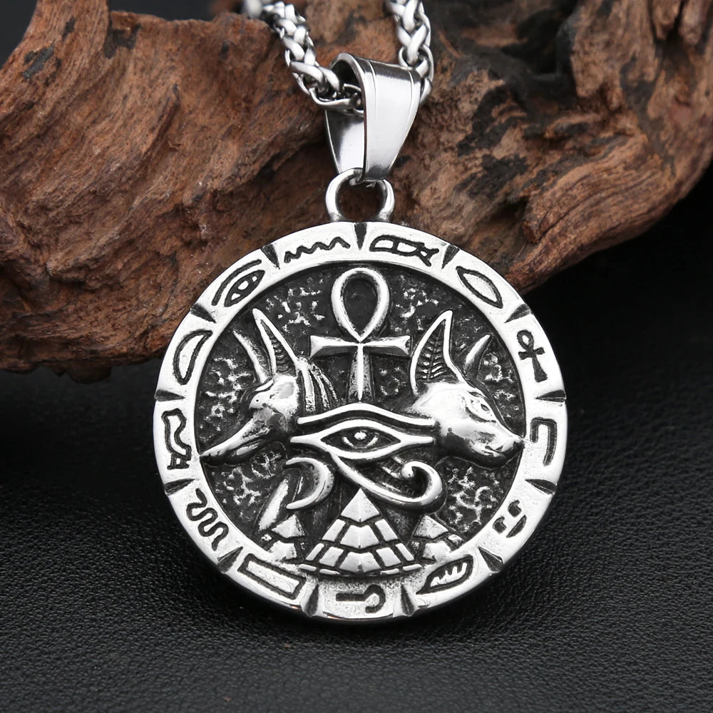 New Fashion Anubis Ankh Cross Pendant 316L Stainless Steel Ancient Egyptian Eye of Horus Necklaces For Men Women Amulet Jewelry