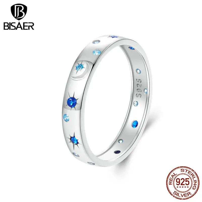 BISAER 100% 925 Sterling Silver Star And Moon Ring Bule Zircon Band Plated White Gold for Women Party Fine Jewelry Gift