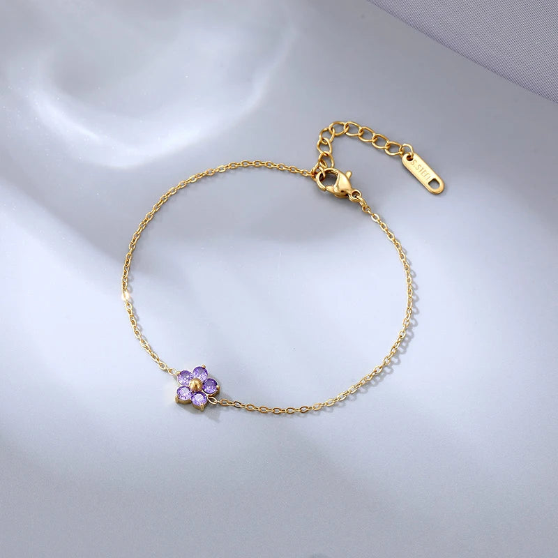 New Stainless Steel 16K Gold Plated Colorful Cubic Zirconia Flower Bracelet  for Women Girls Waterproof Dainty Bracelet Jewelry