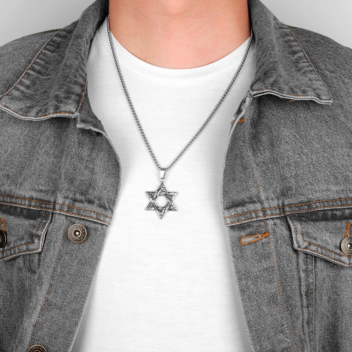 Judaism Hexagram Stainless Steel Men Necklaces Pendants Chain Punk Trendy for Boyfriend Male Jewelry Creativity Gift Wholesale