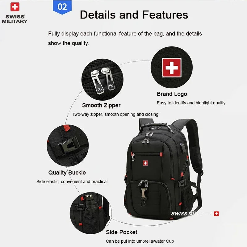 SWISS MILITARY Large Capacity 80L Multifunction Men Bag Fashion Travel Usb Charging Waterproof 23 inch Laptop Backpack Mochila