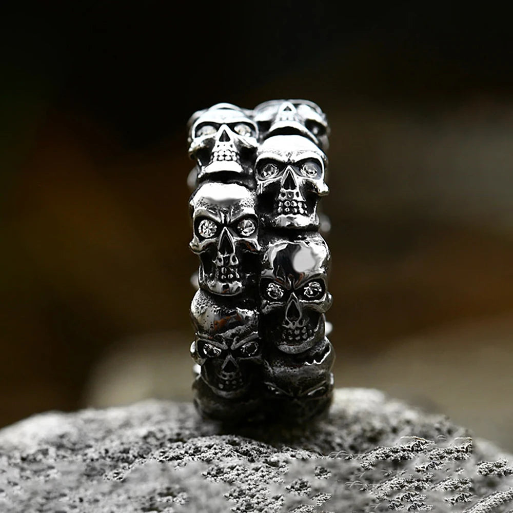 Vintage Punk Crystal Stone Skull Ring For Men Hiphop Rock Locomotive Stainless Steel Rings Party Jewelry Creative Gift Wholesale