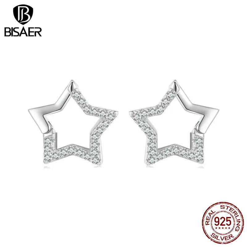 BISAER 925 Sterling Silver Dazzling Star Stud Earrings Pavé Setting Zircon Plated White Gold Fine Jewelry For Woman Party Gift