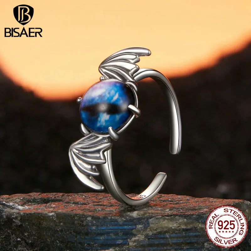 BISAER Real 925 Sterling Silver Bule Devil Eye Open Ring Adjustable Size 5-9 for Women Party Fine Jewelry Halloween Gift EFR605