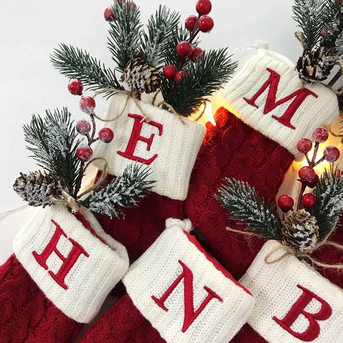 Chaussettes de Noël Tricot Flocon de Neige Lettre Bas Décoration de Noël Pour La Maison 2024 Ornement d'Arbre de Noël Cadeau Navidad Natal 2024