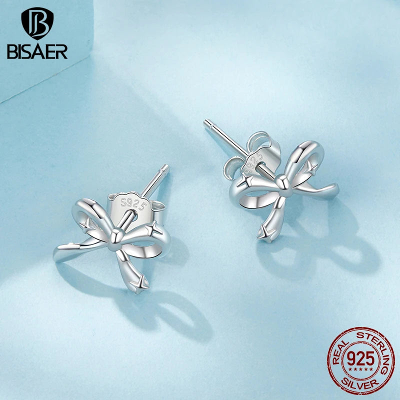 BISAER 925 Sterling Silver Bow-knot Stud Earrings Bow Ear Buckles Classic Hypoallergenic Plated White Gold For Women Jewelry