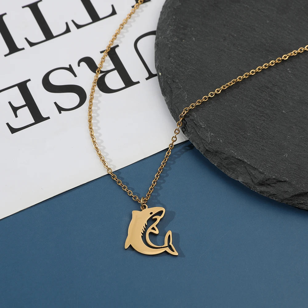 Gold Color Shark Pendant Necklace Hip Hop Punk Jewelry For Men Fashion Stainless Steel Neck Chain Party Accessories Gifts