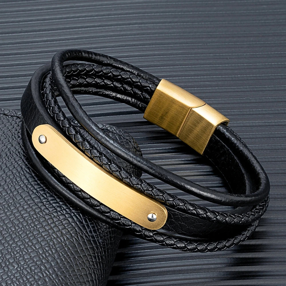 MKENDN Personalized Braided Rope Wrap Leather Bracelet Men Custom Name Letter ID Bracelets Gold Stainless Steel ID Bracelets