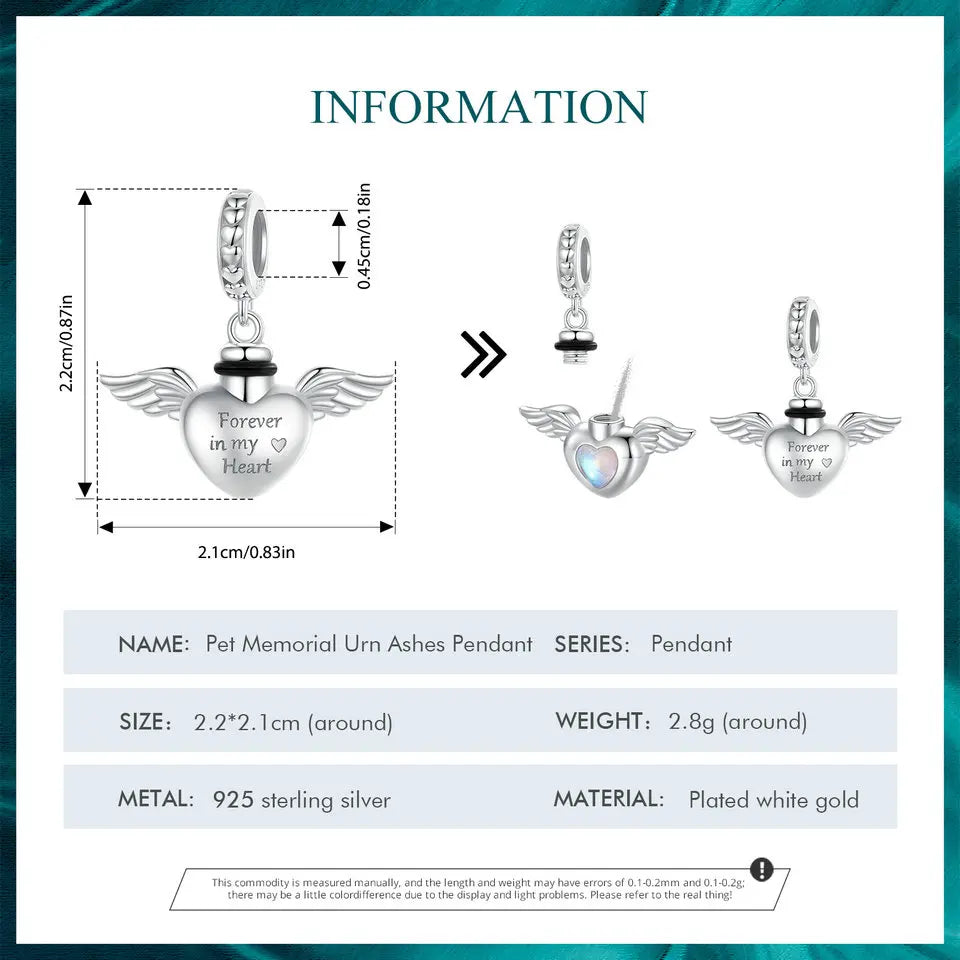 BISAER 925 Sterling Silver Pet Memorial Urn Ashes Pendant Heart Wing Charms Beads for Women DIY Bracelet & Necklace Fine Jewelry