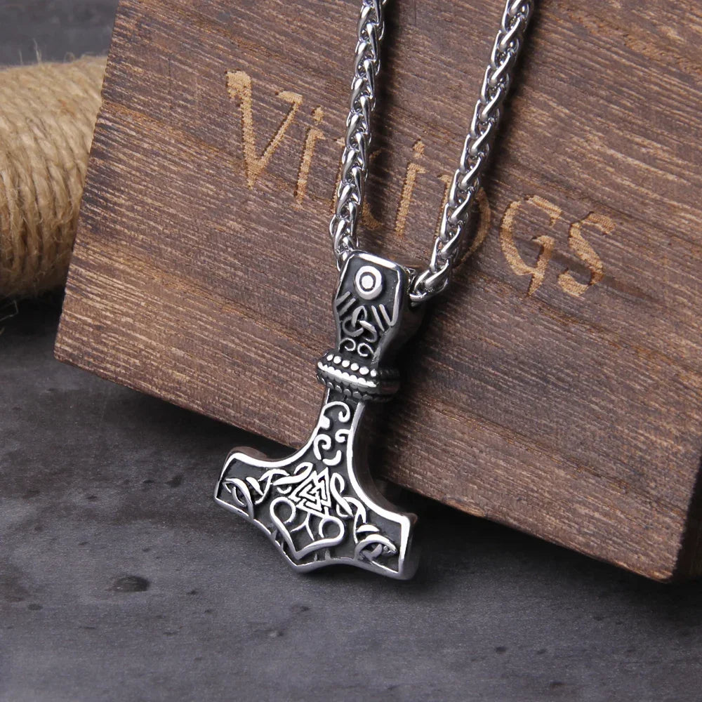 Fashion Valknut Viking Thor's Hammer Pendant Necklace With keel Chain As Men Gift with wooden box