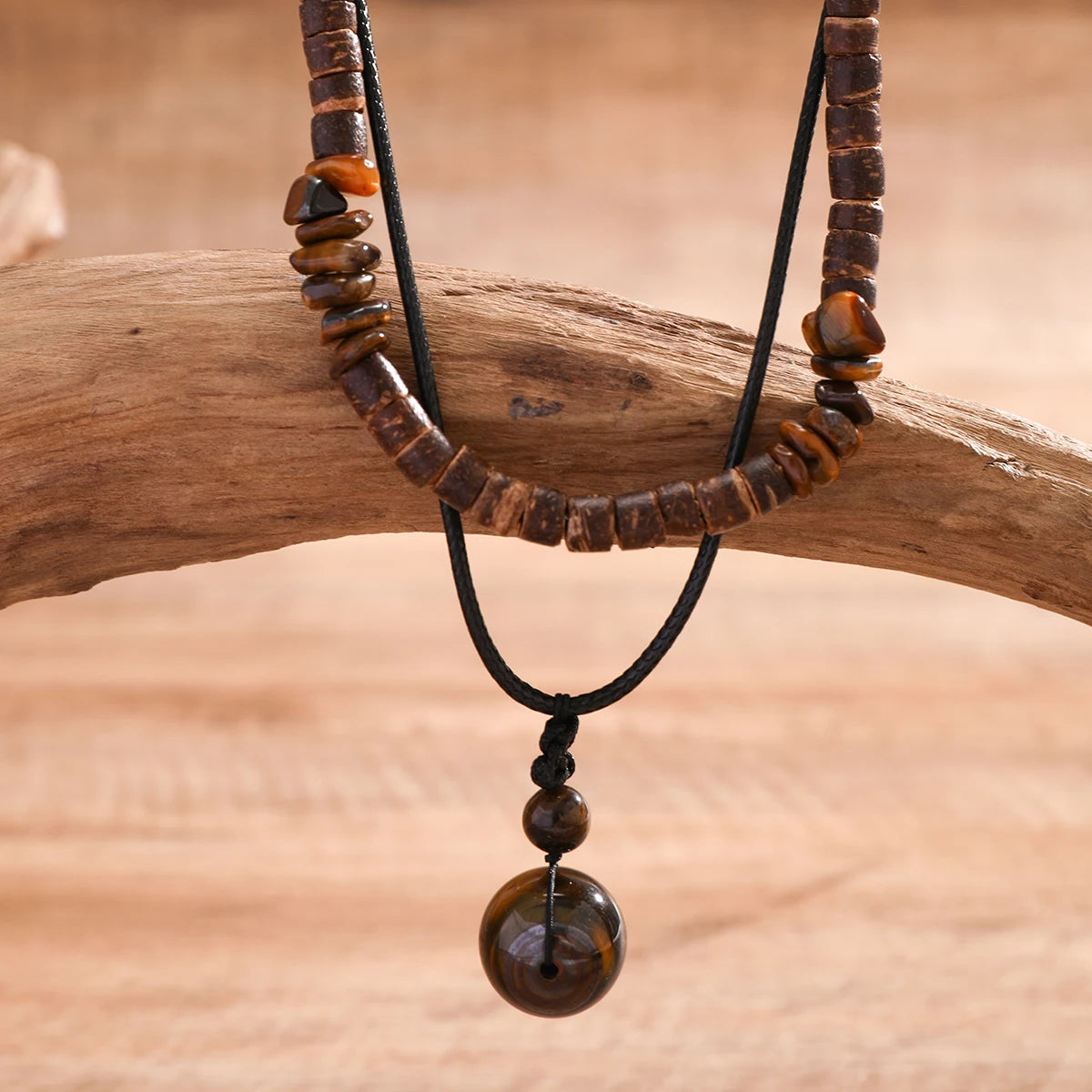 Stone and Wood Bead Pendant Necklace for Men