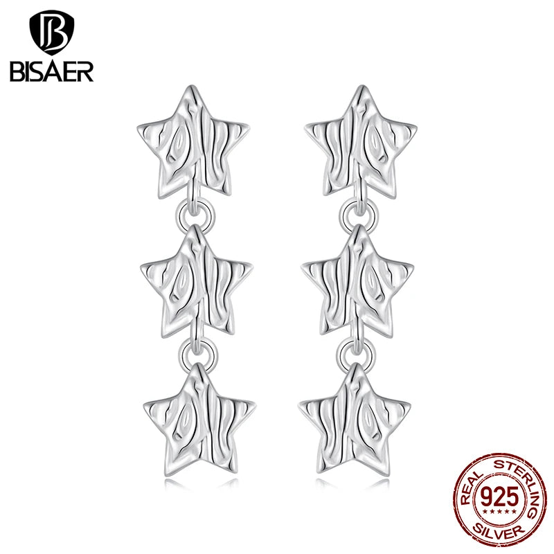 BISAER 925 Sterling Silver Dancing Starlight Stud Earrings Plated White Gold Star Hypoallergenic Earrings for Women Fine Jewelry