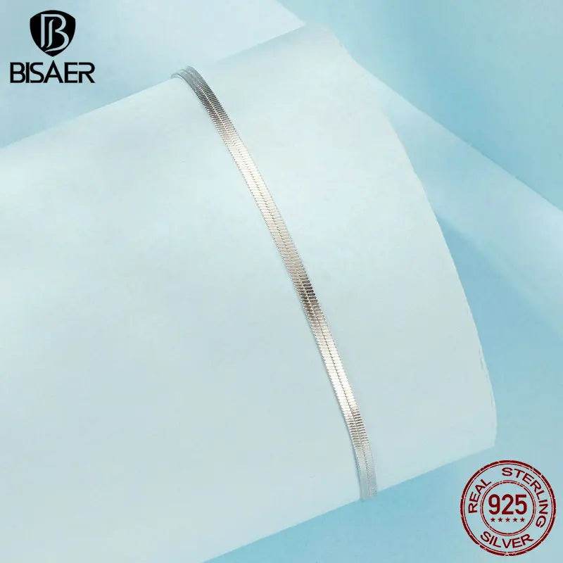 BISAER 925 Sterling Silver Snake Anklets Geometric Chain Anklets Plated White Gold For Women Party Fine Jewelry Holiday ECT029