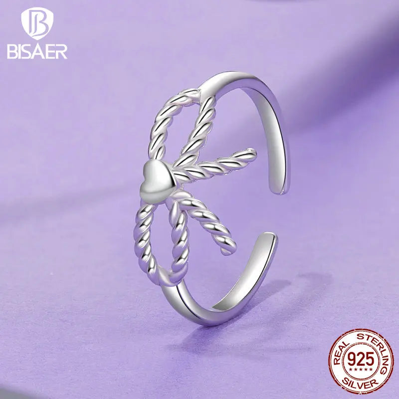 BISAER Real 925 Sterling Silver Twisted Bowknot Open Ring Stud Earrings Plated White Gold for Women Party Original Fine Jewelry