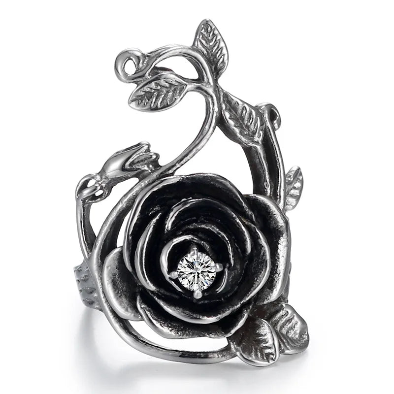 Fashion Rose Flower Ring With Rhinestone Stainless Steel Charm Personality Rose Jewelry For Women SYR0007A