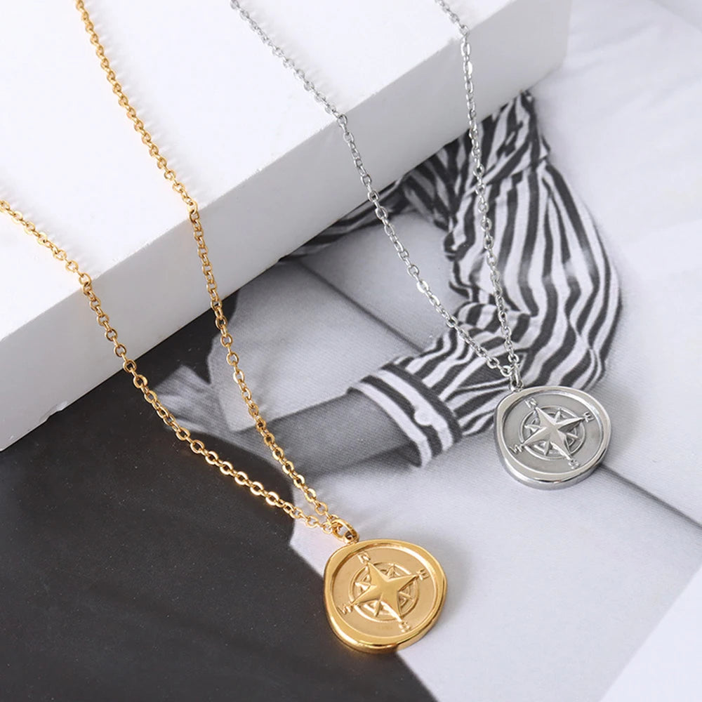 INS Trend Tarnish Free Irregular Compass Pendant Necklaces For Women Gold Plated Stainless Steel Collar Jewelry Gift