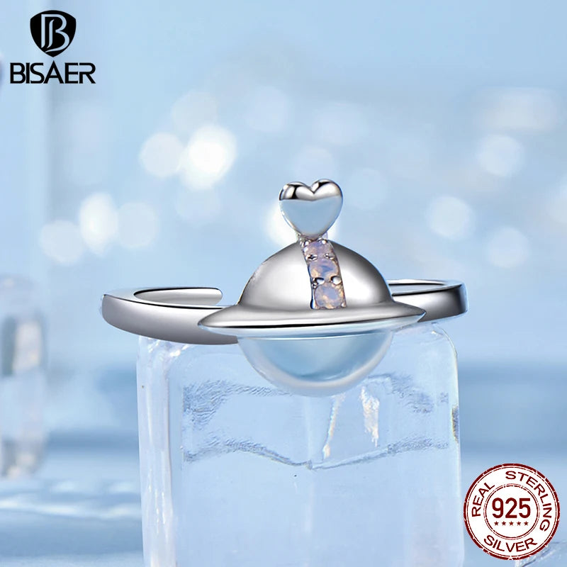 BISAER 925 Sterling Silver Heart Planet Open Ring Adjustable Size Band Plated White Gold for Romantic Women Party Fine Jewelry