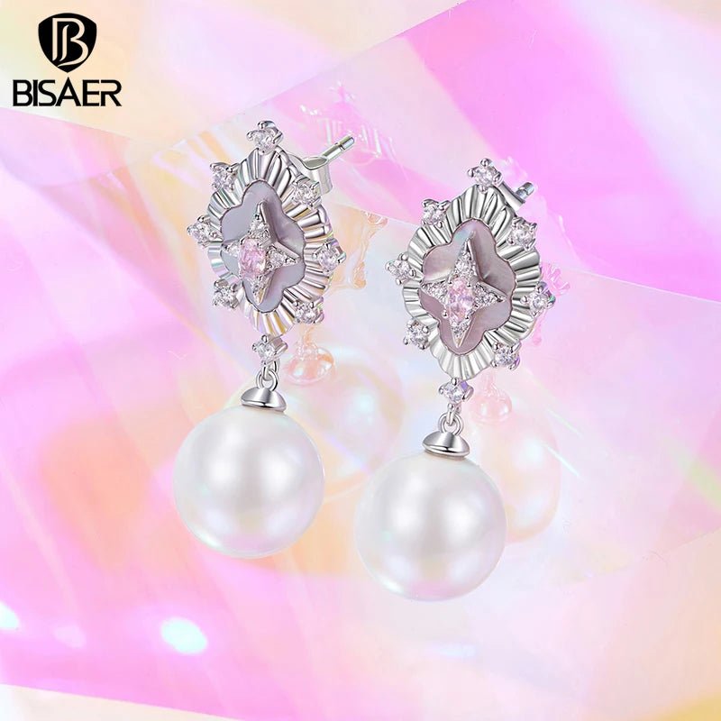 BISAER Starlight Pink Shell Stud Earrings Star Zircon Stud Ear Plated White Gold For Woman Party Engagement Fashion Jewelry