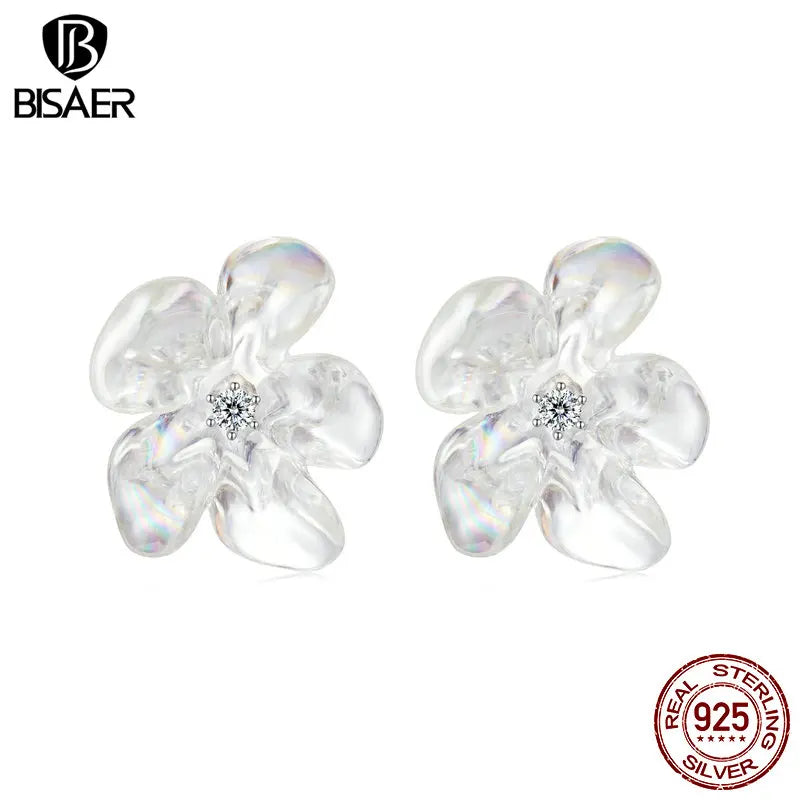 BISAER 925 Sterling Silver Fresh Flower Stud Earring Blooming Purity Flowers Stud Ear Plated White Gold For Party Fine Jewelry