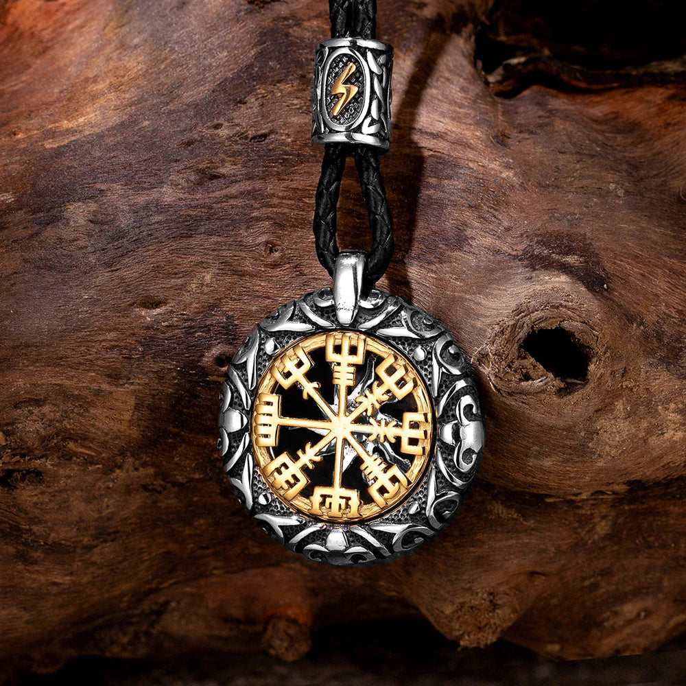 Vintage Vikings Compass Trident Necklaces Men Stainless Steel Norse Rune Hollow Out Sun Pendant Amulet Scandinavian Jewelry Gift